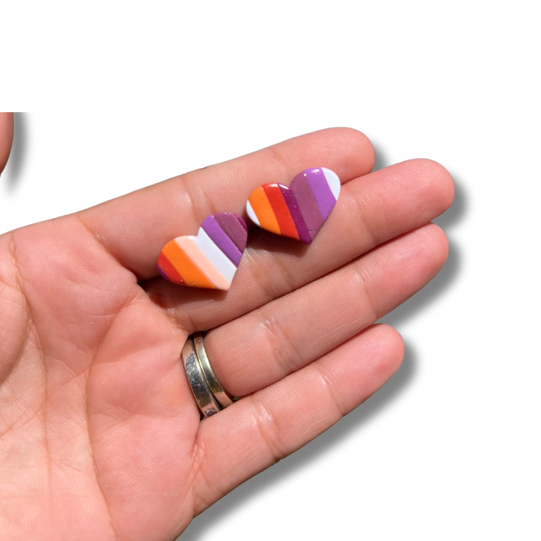 Lesbian Flag Vertical Stripe Heart Studs- Handmade Polymer Clay Earrings