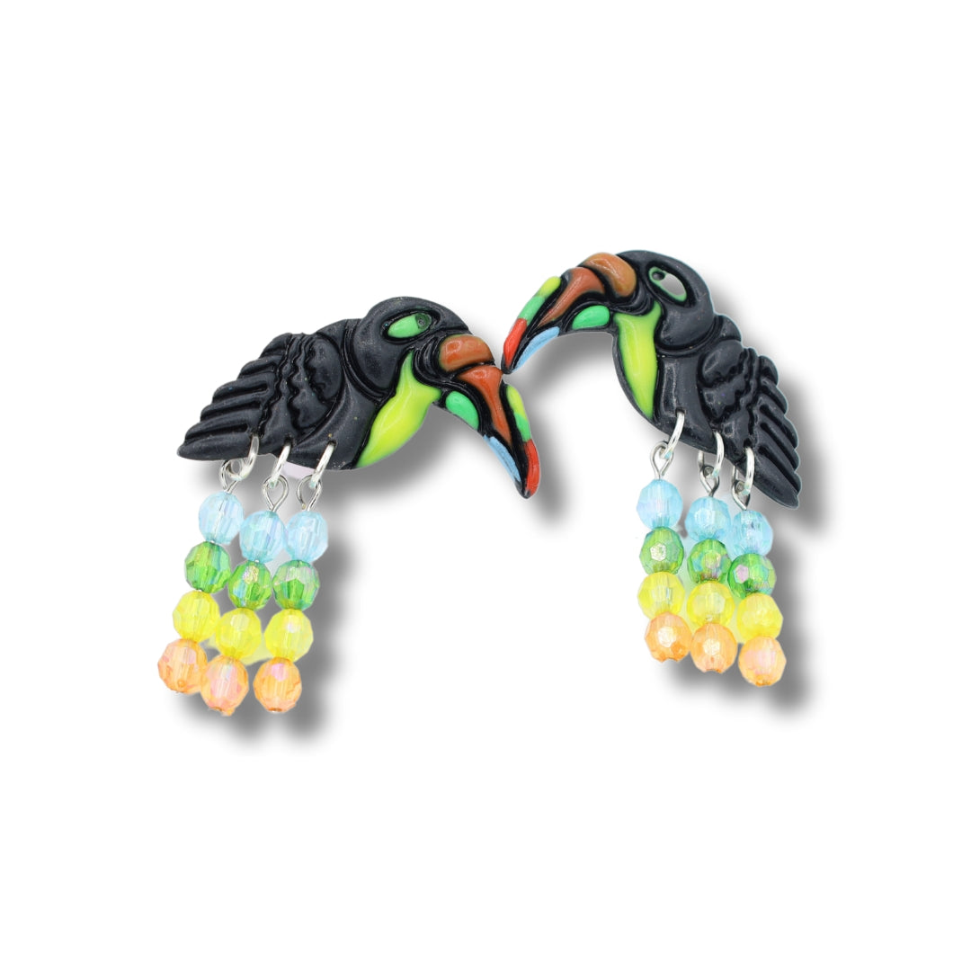 Toucan Studs with Bead Dangle- Handmade Polymer Clay Earrings